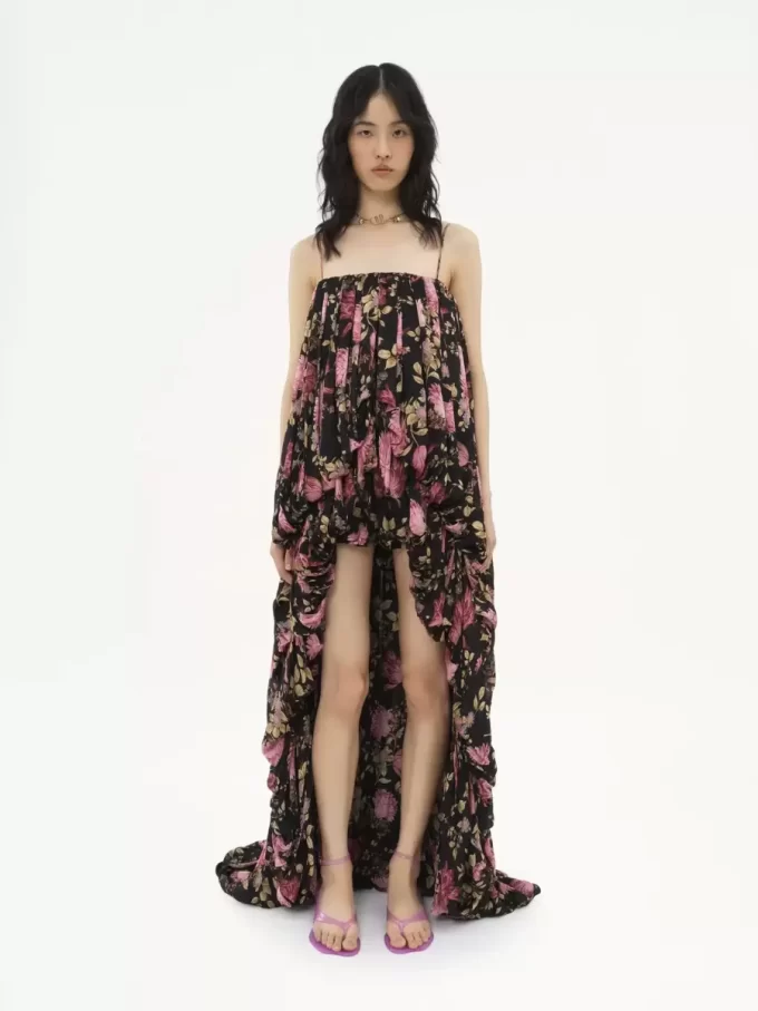 High-low sleeveless jumpsuit in silk charmeuse