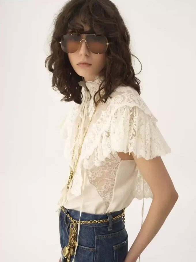 High-neck cropped top in cotton tulle & lace