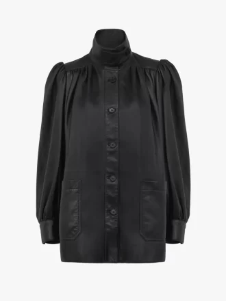 High-neck gathered coat in leather