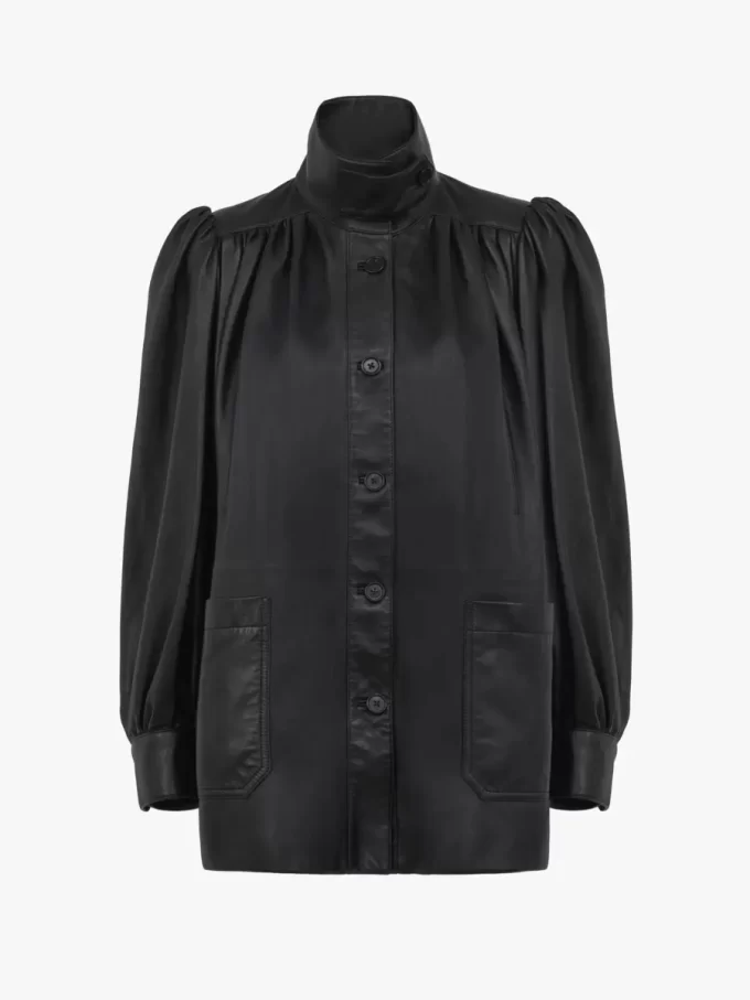 High-neck gathered coat in leather