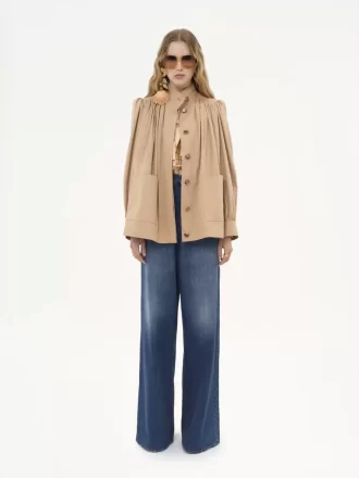 High-neck gathered jacket in cotton gabardine