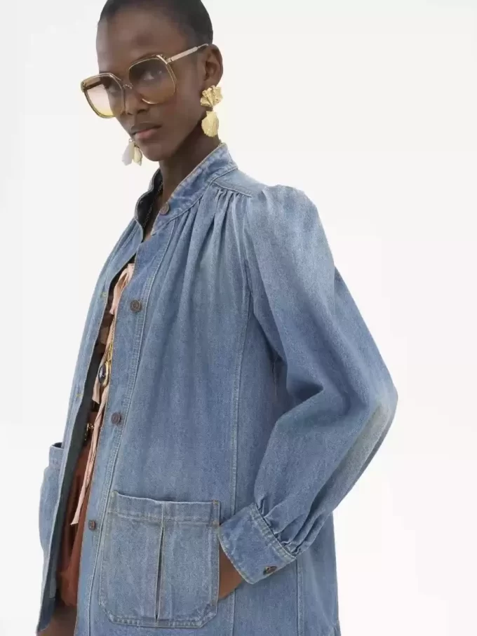 High-neck gathered jacket in denim
