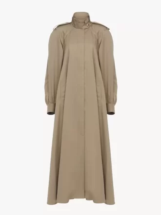 High-neck long trench coat in cotton gabardine