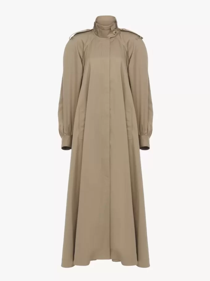 High-neck long trench coat in cotton gabardine