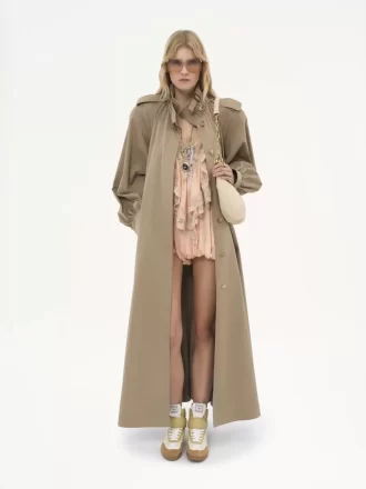 High-neck long trench coat in cotton gabardine