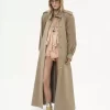 High-neck long trench coat in cotton gabardine