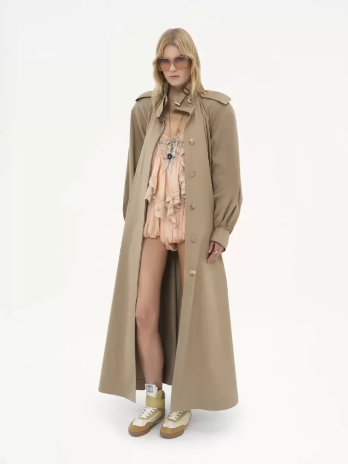 High-neck long trench coat in cotton gabardine
