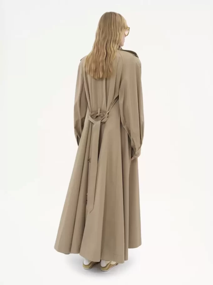High-neck long trench coat in cotton gabardine
