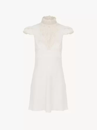 High-neck mini dress in jacquard silk & lace