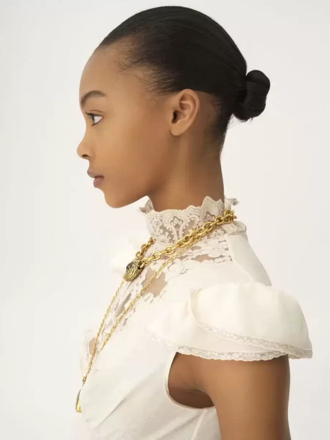 High-neck mini dress in jacquard silk & lace