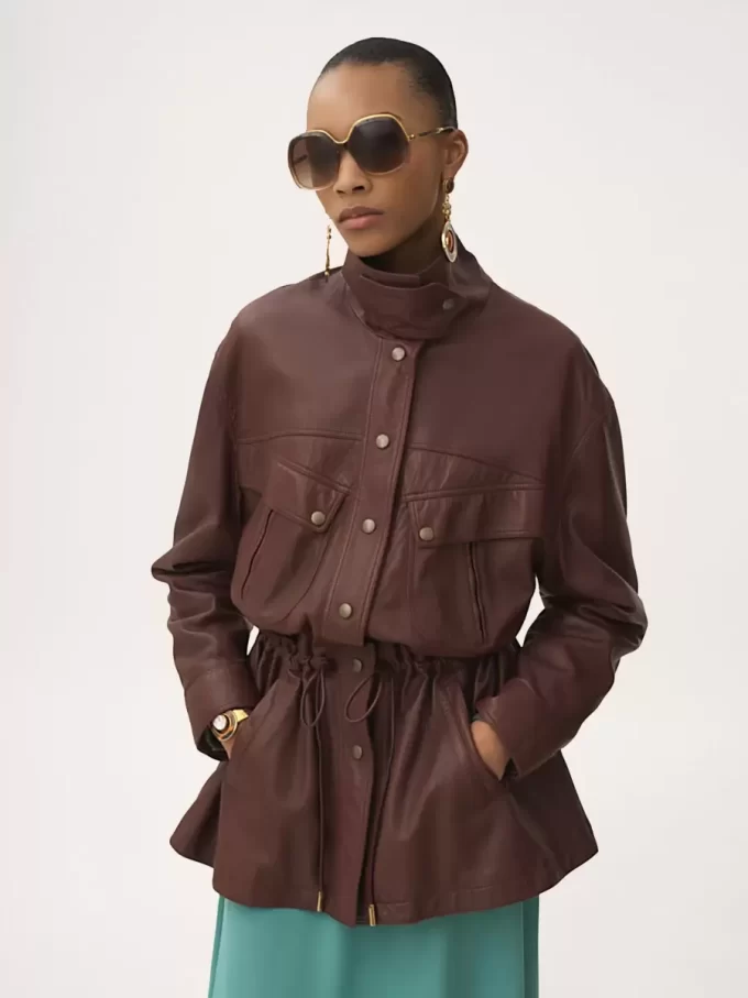 High-neck parka in leather