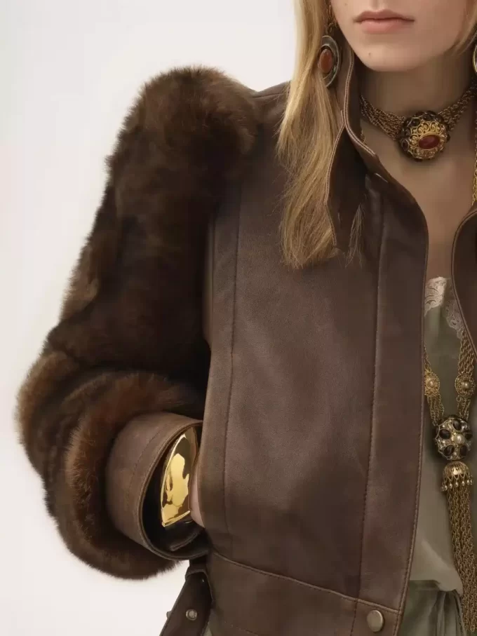 High-neck short jacket in leather