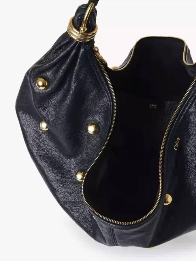 Large Bracelet hobo bag in grained leather with studs