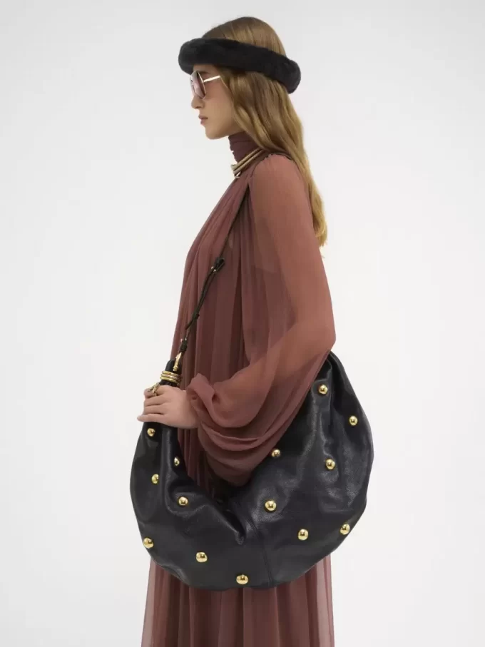 Large Bracelet hobo bag in grained leather with studs