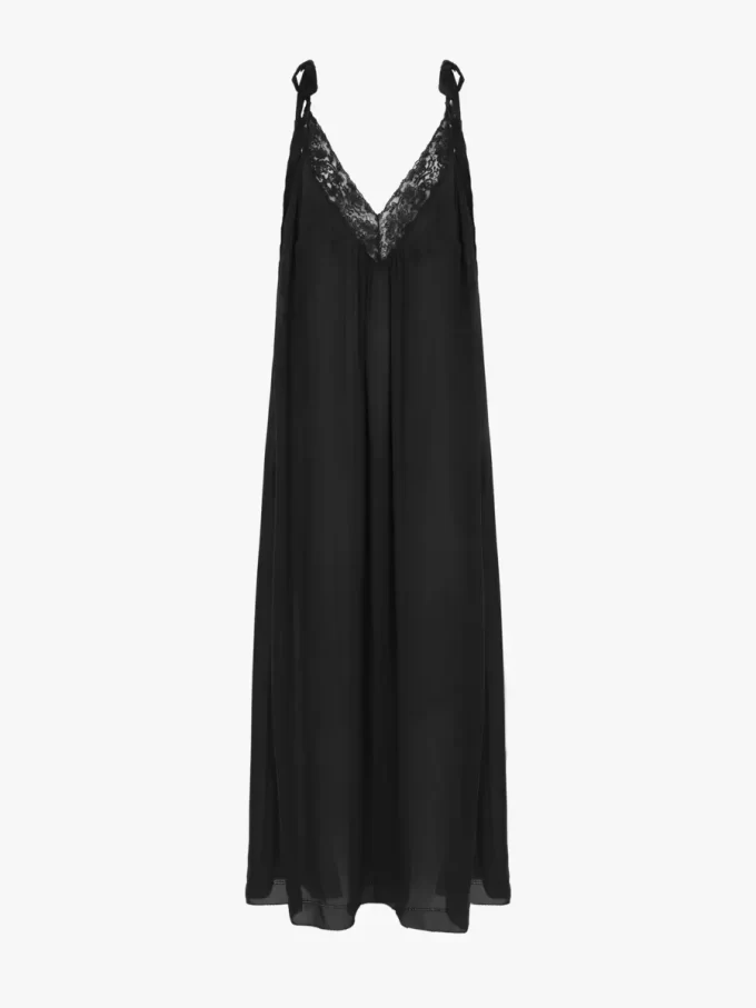 Long slip dress in silk charmeuse & lace