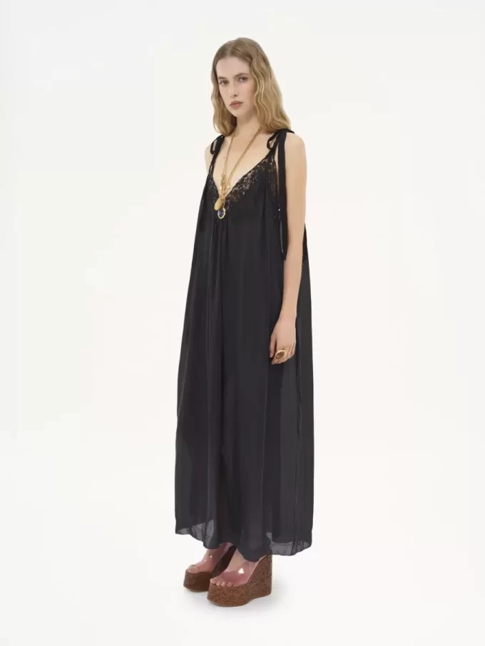 Long slip dress in silk charmeuse & lace