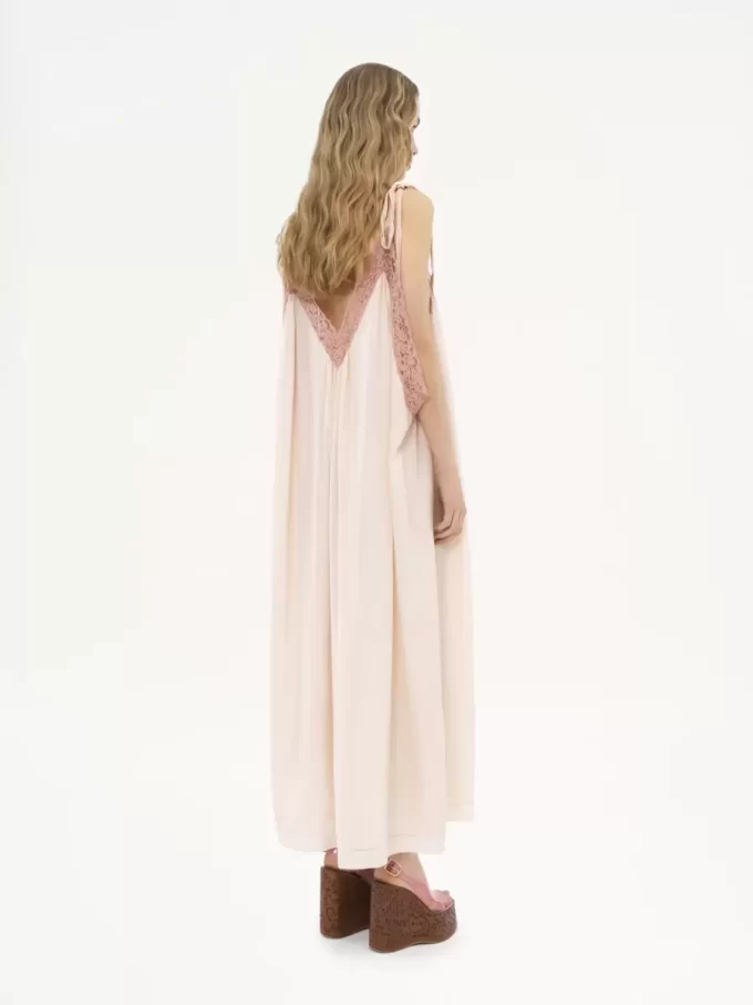 Long slip dress in silk habotai & lace