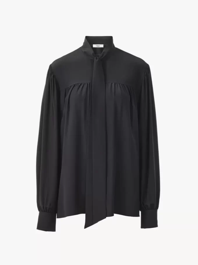 Maxi gathered lavallière blouse in crêpe de chine