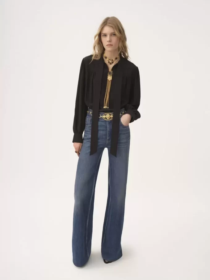 Maxi gathered lavallière blouse in crêpe de chine