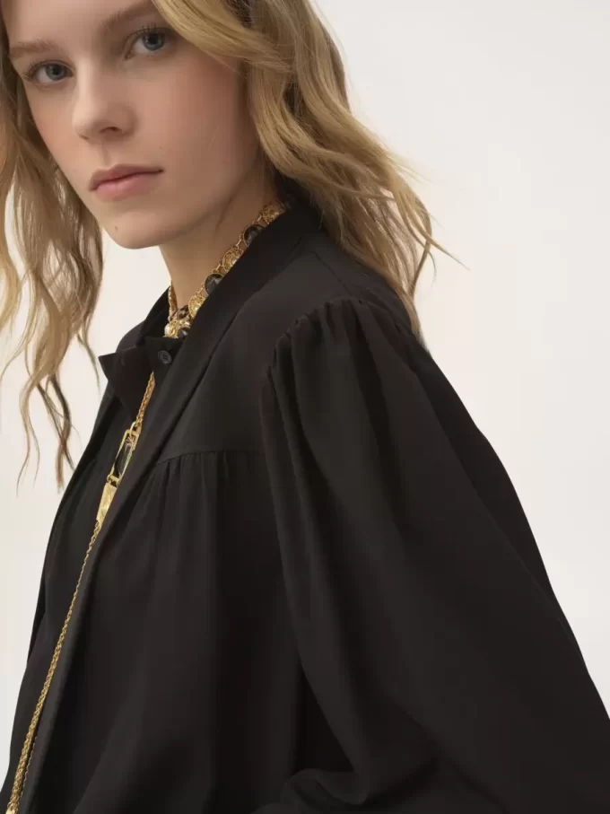 Maxi gathered lavallière blouse in crêpe de chine