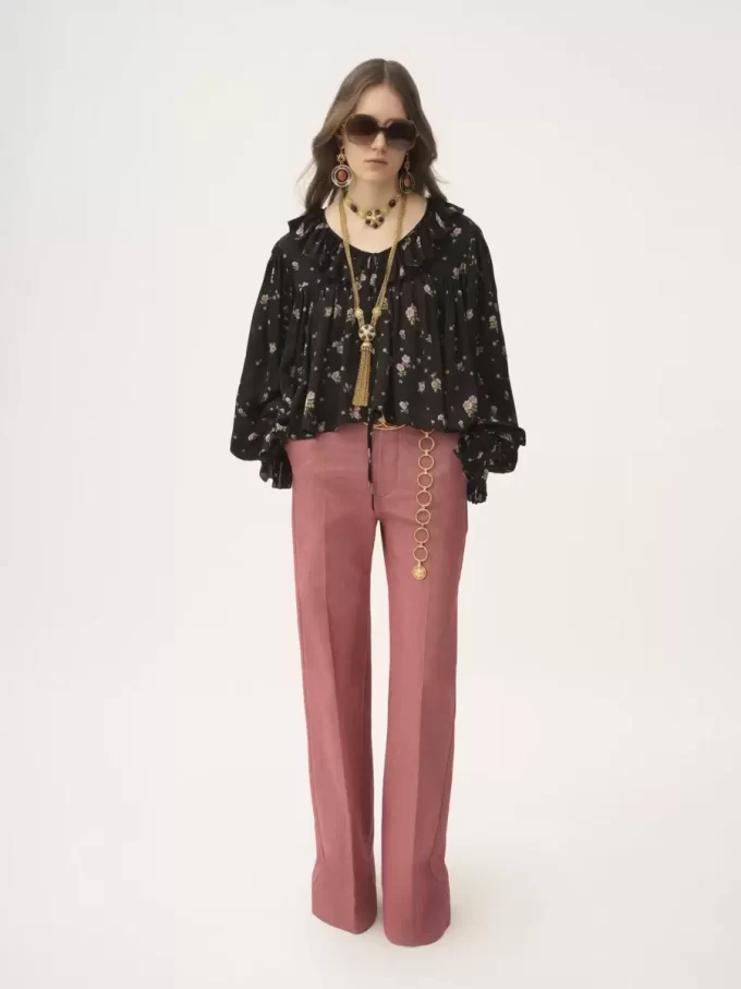 Maxi gathered ruffle top in silk charmeuse