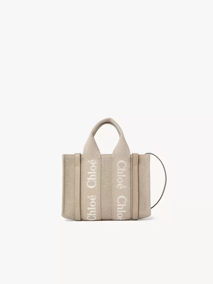 Mini Woody tote bag in linen & leather
