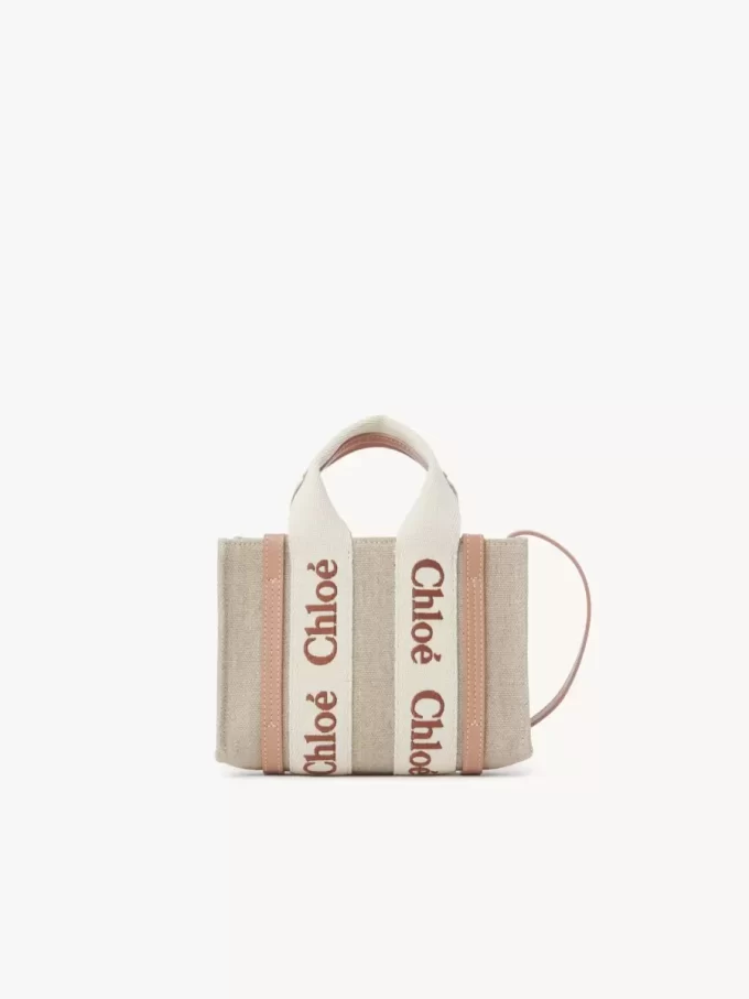 Mini Woody tote bag in linen & leather