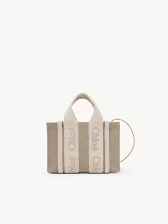 Mini Woody tote bag in linen & leather