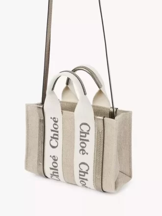 Mini Woody tote bag in linen & leather