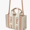 Mini Woody tote bag in linen & leather