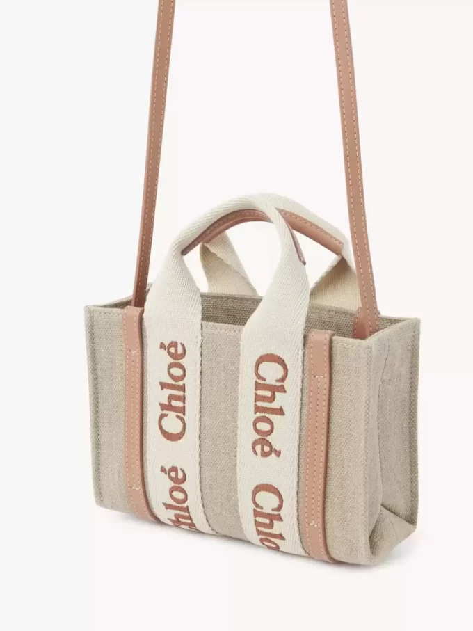 Mini Woody tote bag in linen & leather