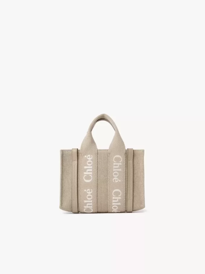 Mini Woody tote bag in linen & leather