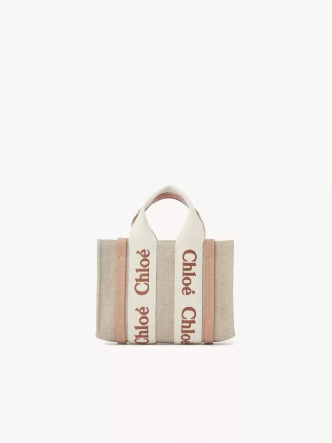 Mini Woody tote bag in linen & leather