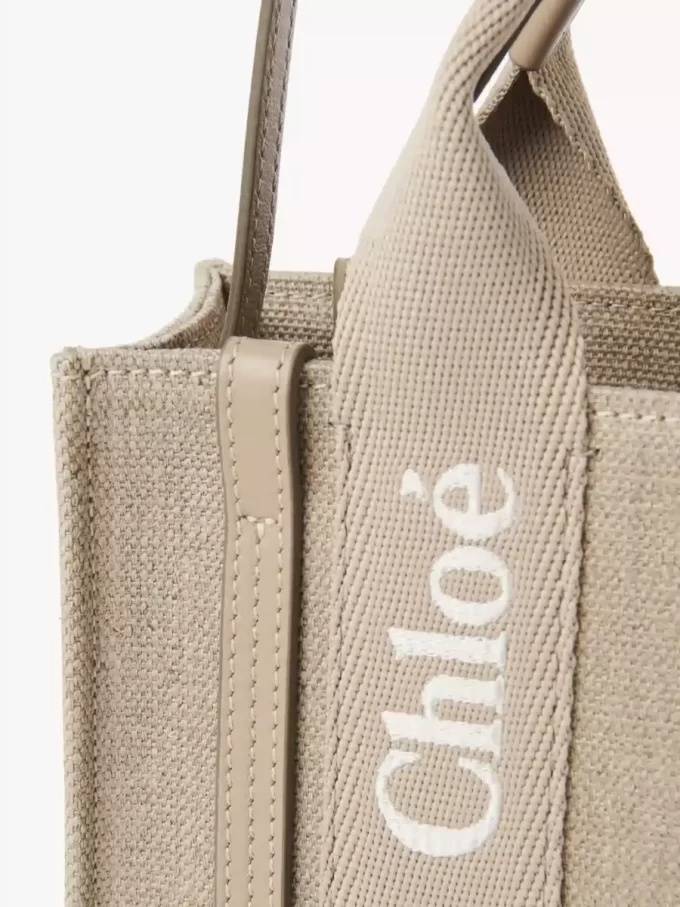 Mini Woody tote bag in linen & leather