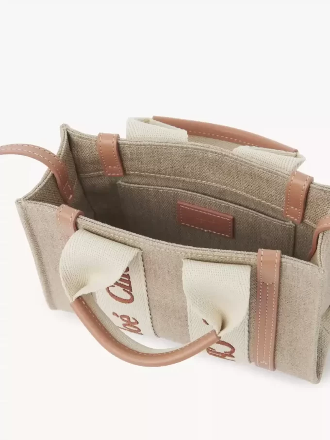 Mini Woody tote bag in linen & leather