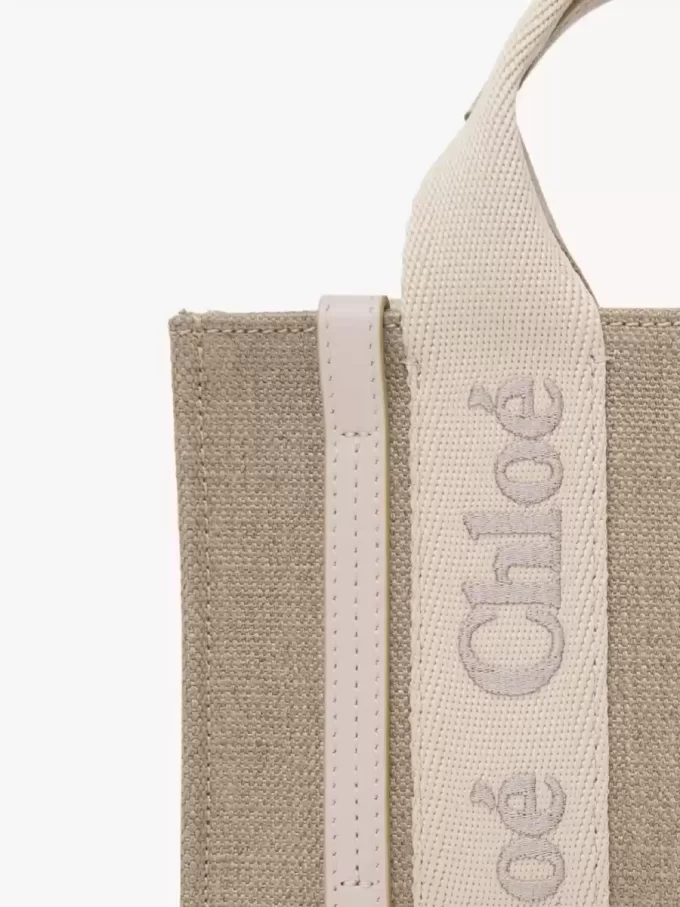 Mini Woody tote bag in linen & leather