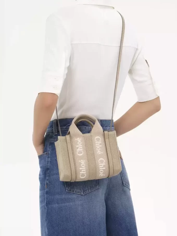 Mini Woody tote bag in linen & leather