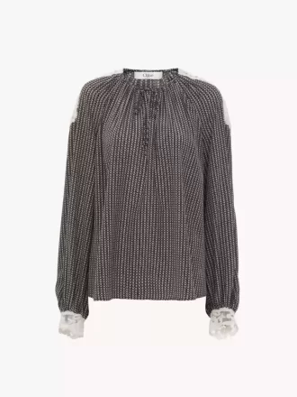 Open-neck top in crêpe de chine & lace