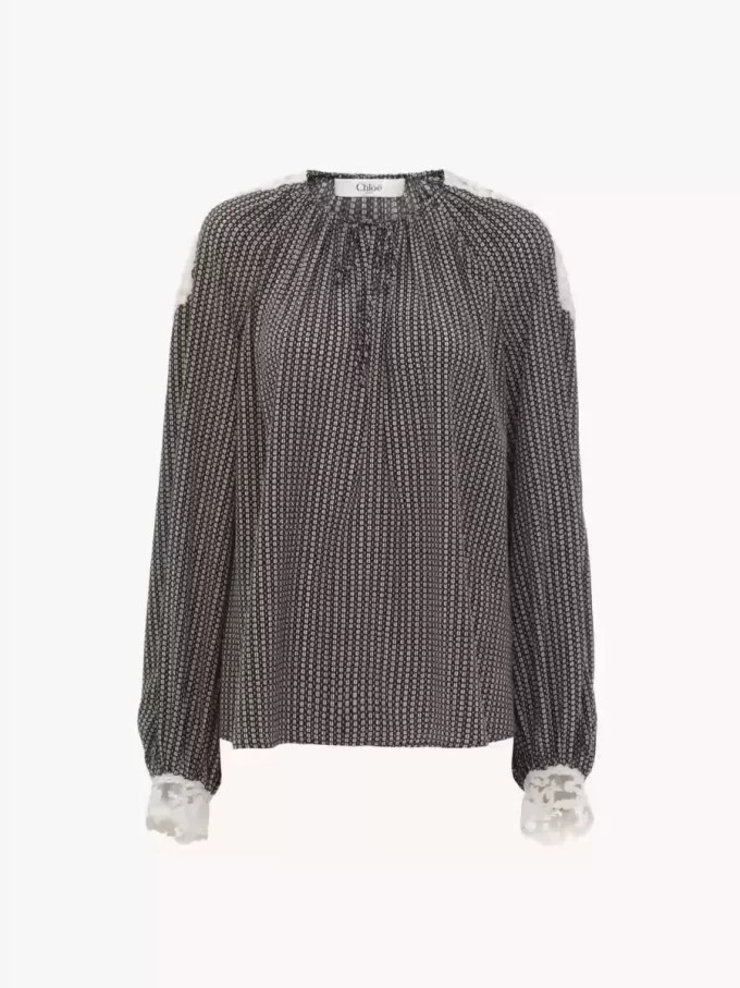 Open-neck top in crêpe de chine & lace