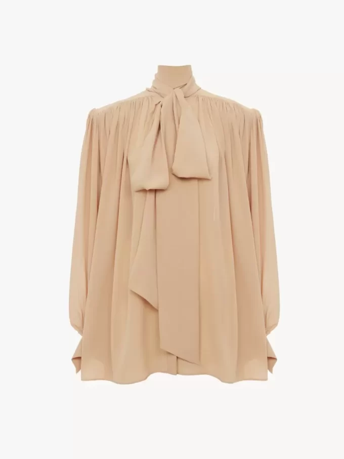Oversized gathered lavallière blouse in crêpe de chine