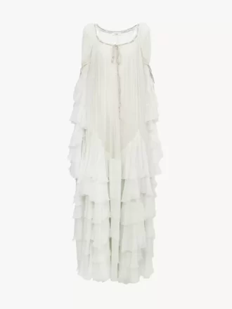 Oversized long ruffled dress in silk mousseline