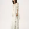 Oversized long ruffled dress in silk mousseline
