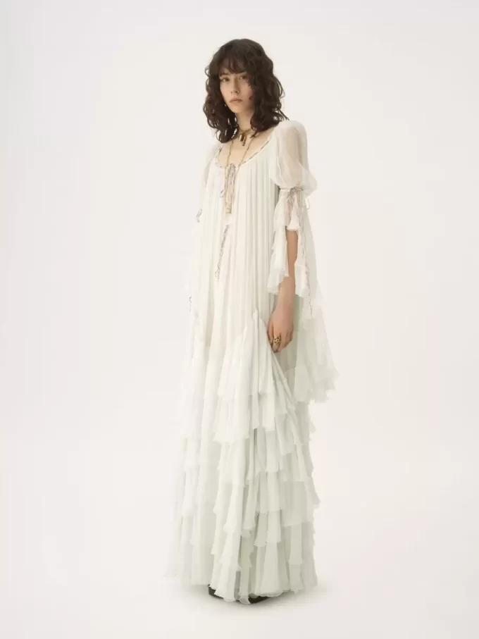 Oversized long ruffled dress in silk mousseline
