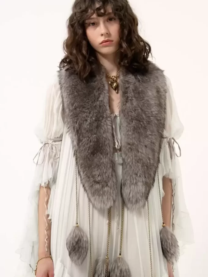 Oversized long ruffled dress in silk mousseline