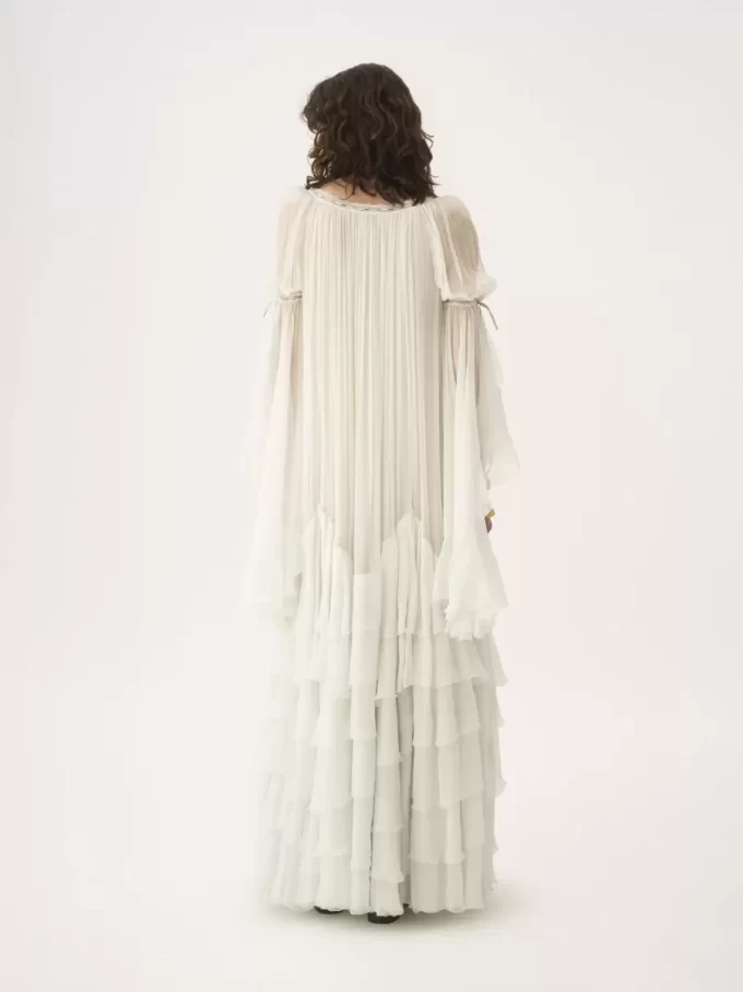 Oversized long ruffled dress in silk mousseline
