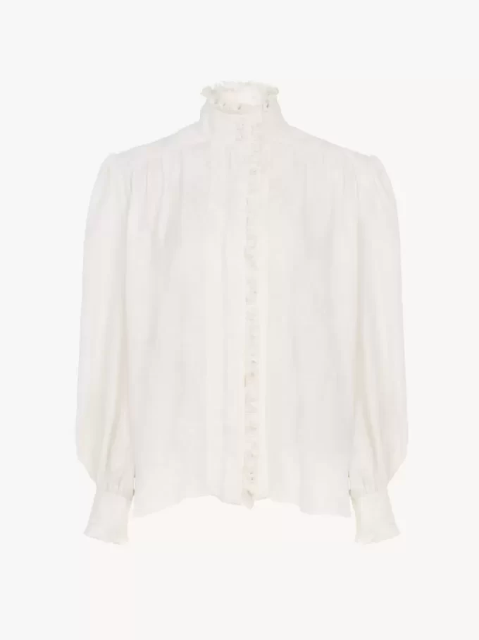 Oversized ruffled blouse in silk jacquard