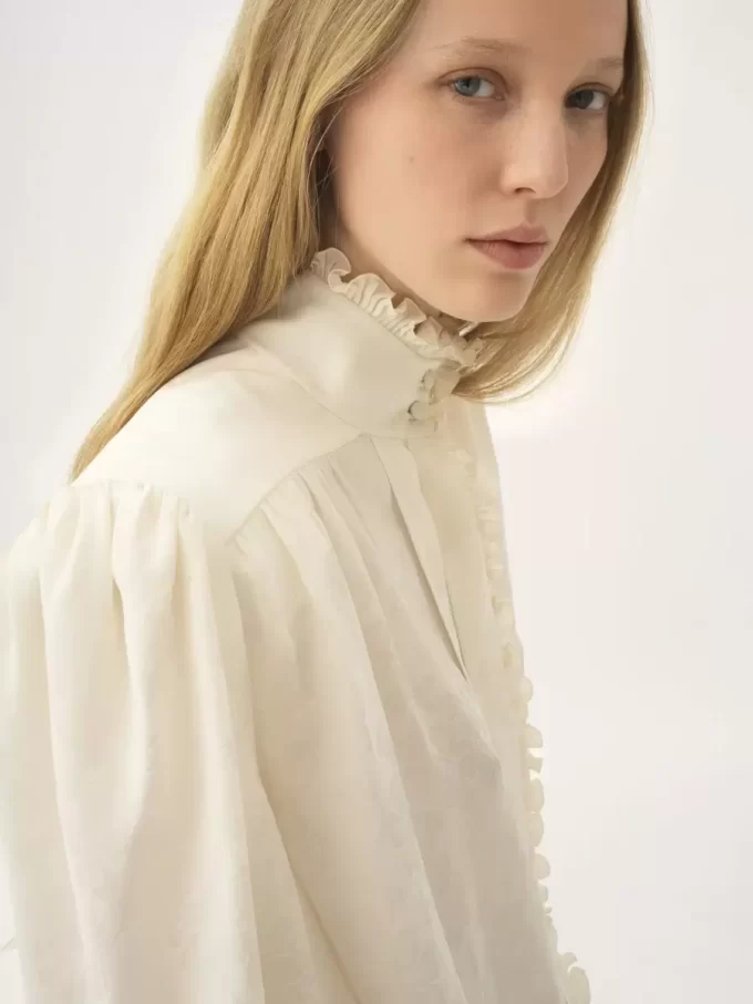 Oversized ruffled blouse in silk jacquard