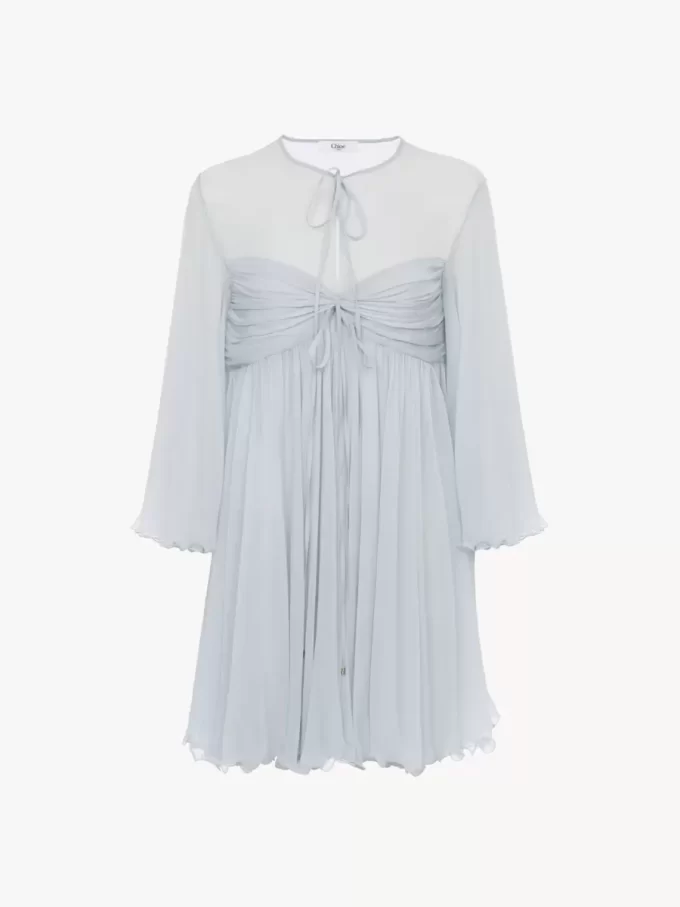 Pleated mini dress in silk mousseline
