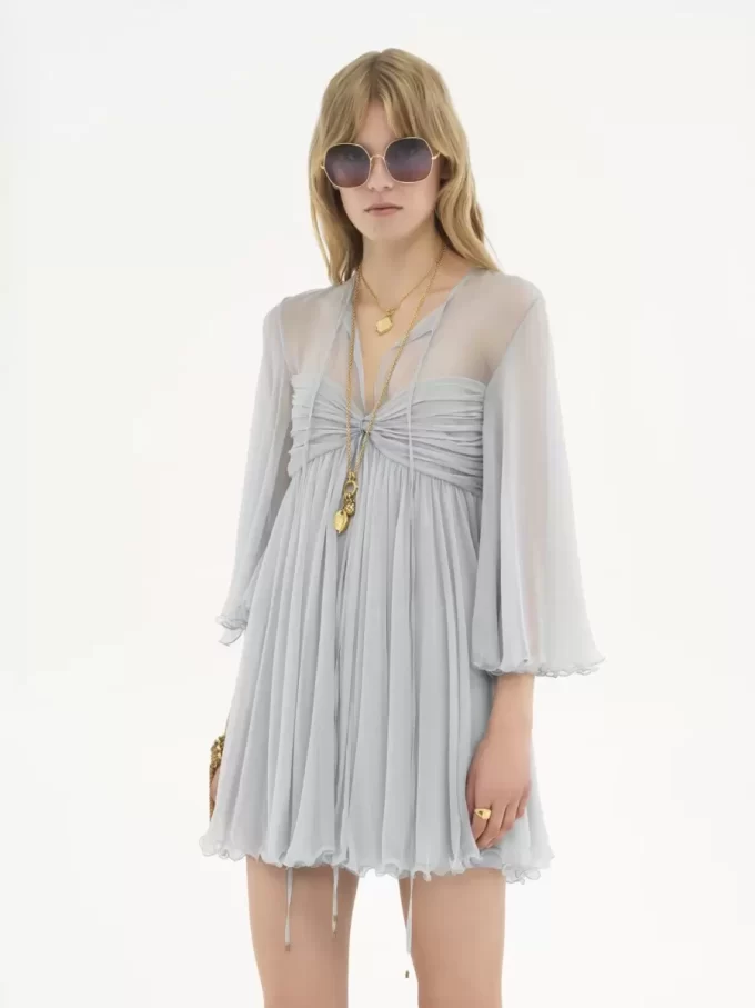 Pleated mini dress in silk mousseline