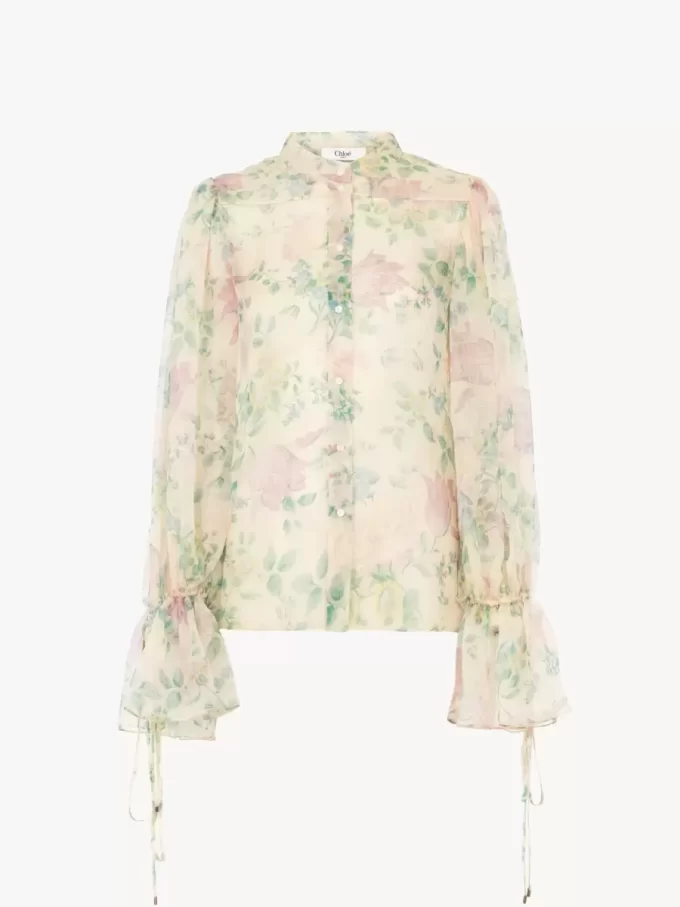 Puff-sleeve blouse in silk mousseline